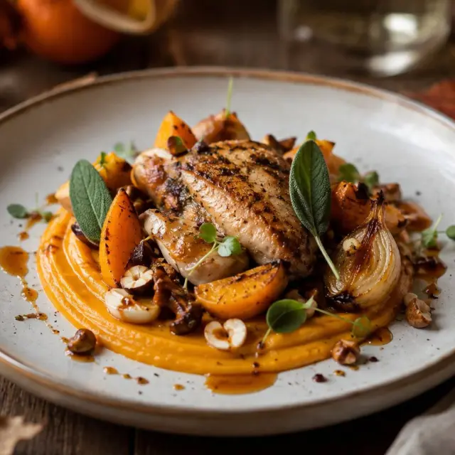 Volaille rôtie servie sur une purée de courge, accompagnée de légumes d’automne, noisettes, sauge et jus de cuisson.