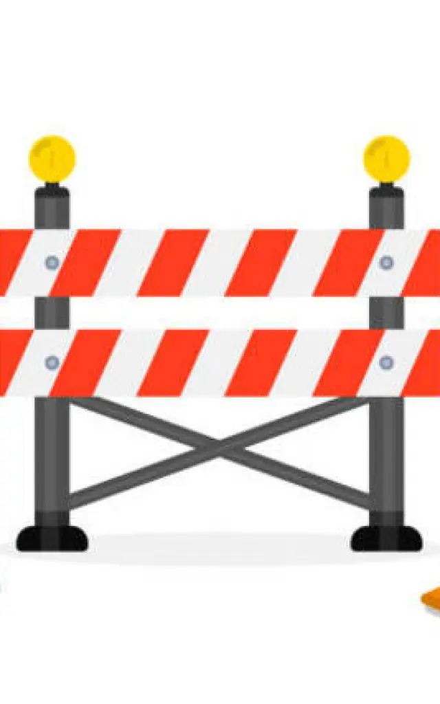 Traffic Road barrier. Road closed, warning barrier. Flat vector illustrations for website under construction page. Warning and stop signs, roadwork, traffic barricade and cone. Safety barricade