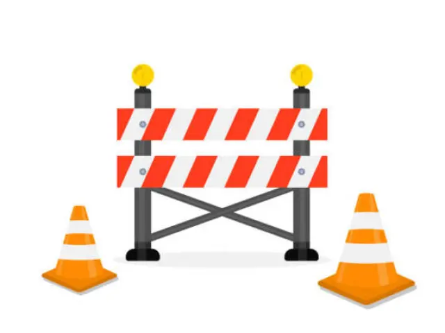 Traffic Road barrier. Road closed, warning barrier. Flat vector illustrations for website under construction page. Warning and stop signs, roadwork, traffic barricade and cone. Safety barricade