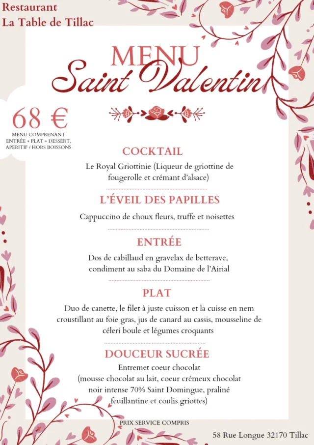 Menu St Valentin Table De Tillac