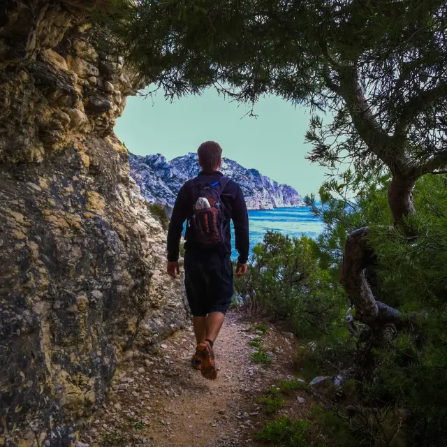 randonneur sur un chemin dans le Parc National des Calansques