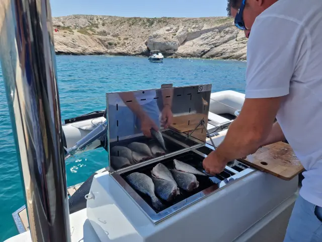 daurade grillée sur un catamaran au frioul