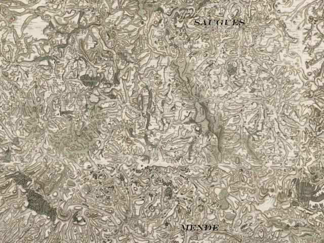 Extrait de la Carte générale de France de Cassini (1747 – 1815), avec Mende au Sud et Saugues au Nord