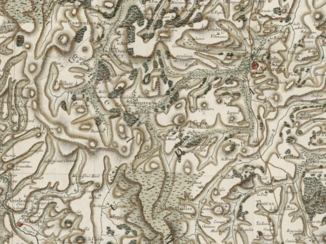 Extrait de la Carte générale de France de Cassini (1747 – 1815), centré sur Saugues et La Besseyre-Saint-Mary, villages autrefois situés à la limite septentrionale de Gévaudan et où la Bête du Gévaudan a fait de nombreuses victimes. (Exemplaire de la carte de Cassini dit de « Marie-Antoinette », feuilles gravées à l'eau-forte, coloriées et entoilées) – Paris (Bibliothèque nationale de France)