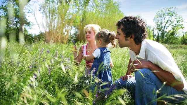 Famille au printemps dans les champs