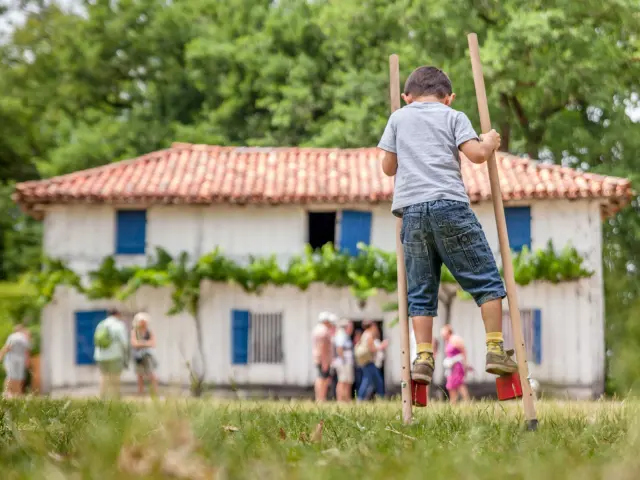 Échassier devant une maison traditionnelle à l’Écomusée de Marquèze