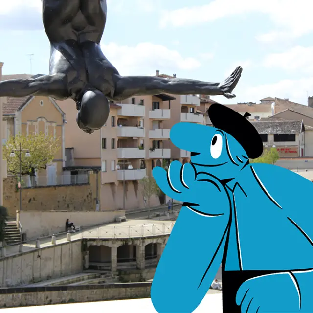 Illustration d’un visiteur photographiant La Plongeuse à Mont-de-Marsan