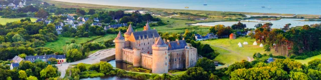 Medieval Suscinio castle, the historical residence of Dukes of Brittany, situated between the Gulf of Morbihan and the atlantic ocean coast, Sarzeau, France