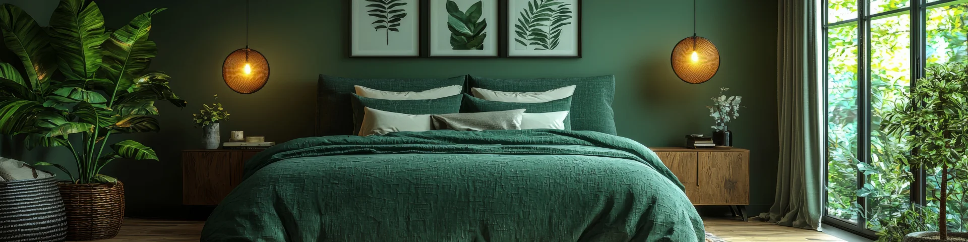 A lush green bedroom with a large bed and leafy plants.