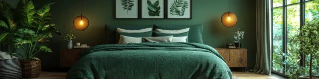 A lush green bedroom with a large bed and leafy plants.