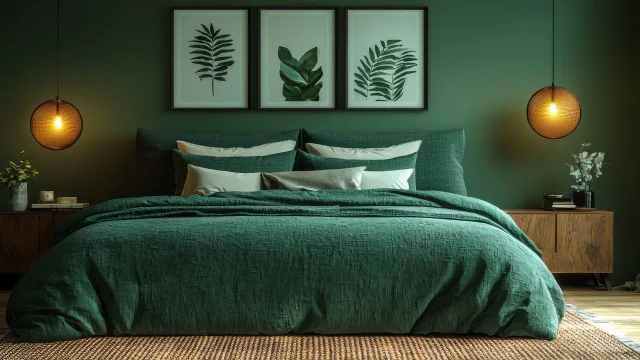 A lush green bedroom with a large bed and leafy plants.