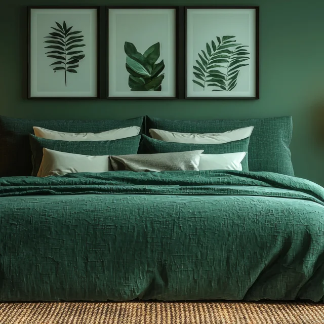 A lush green bedroom with a large bed and leafy plants.