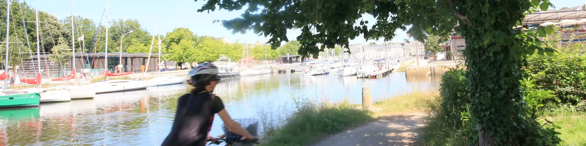 Une cycliste circule sur le chemin de halage ombragé le long de la rive gauche du port de Vannes