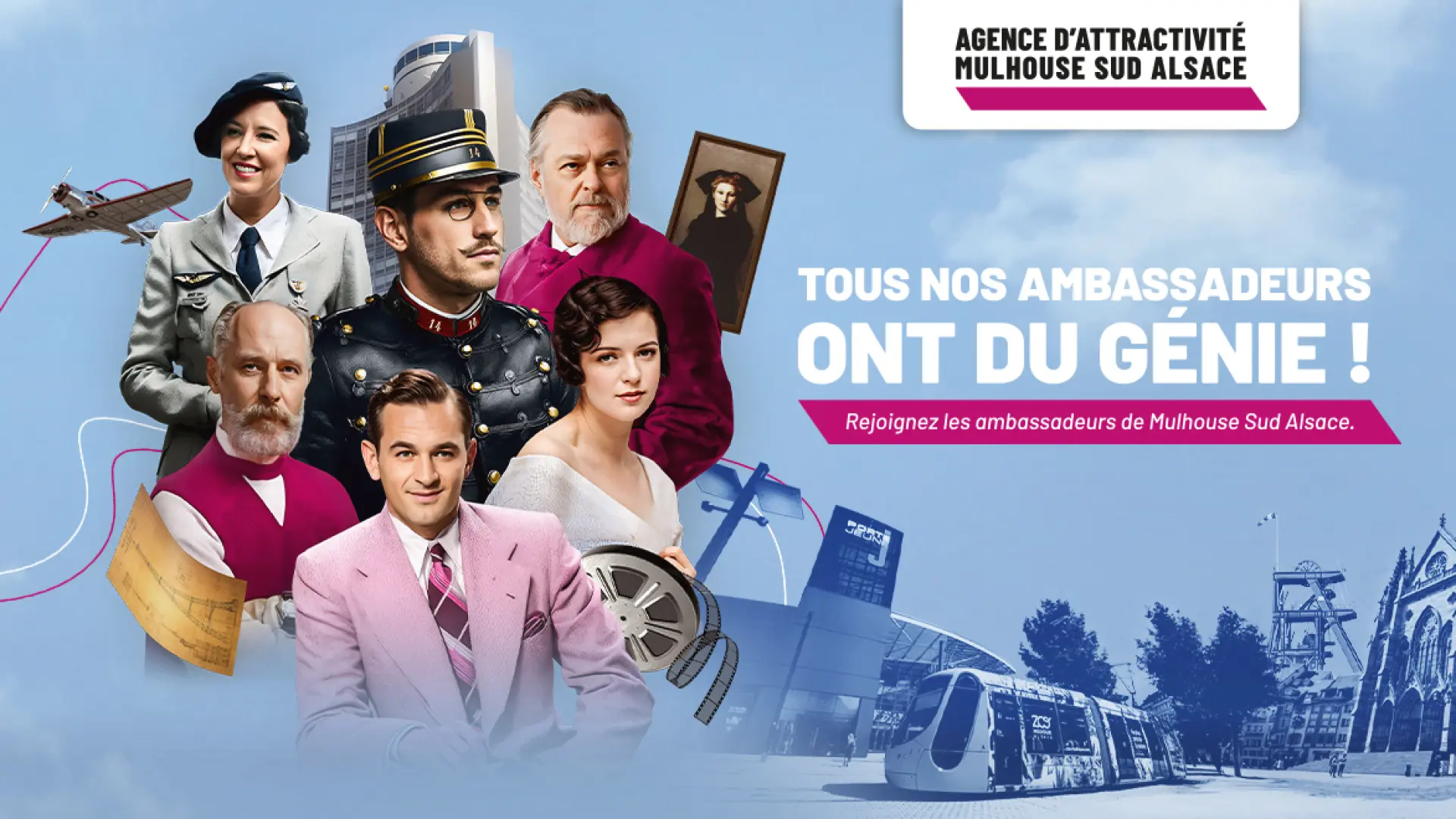 Personnages célèbres de Mulhouse qui sont des ambassadeurs de la ville, sur fond d'images de Mulhouse.