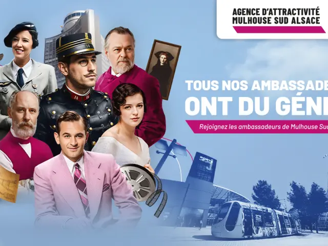 Personnages célèbres de Mulhouse qui sont des ambassadeurs de la ville, sur fond d'images de Mulhouse.