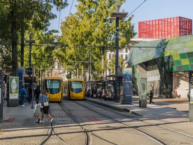 Deux trams jaunes à l'arrêt à la station Porte Jeune à Mulhouse.