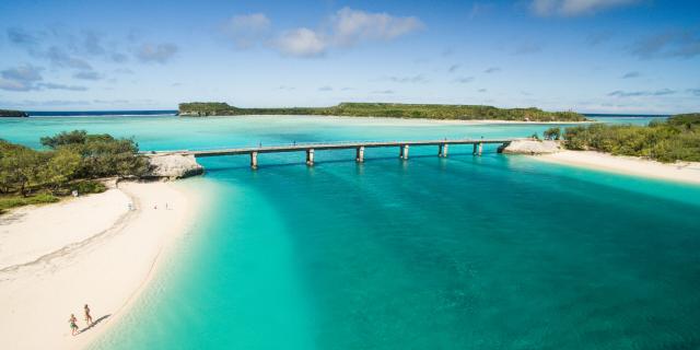 Aerial view of Mouli beach and bridge at Ouvéa, Loyalty Islands, New Caledonia.