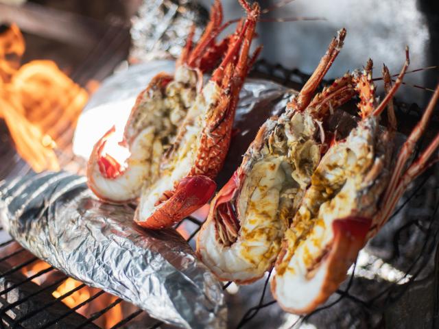 Préaparation de langoustes fraîches de l'Île des Pins sur l'îlot Moro en Nouvelle-Calédonie.