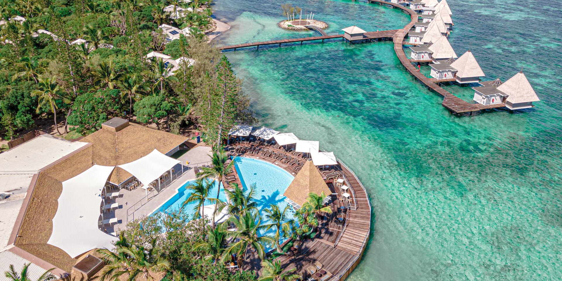 Aerial view of the DoubleTree by Hilton Îlot Maître Resort in Nouméa, New Caledonia.