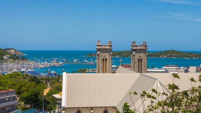View of Saint Joseph's Cathedral and Moselle Bay from Nouméa Youth Hostel