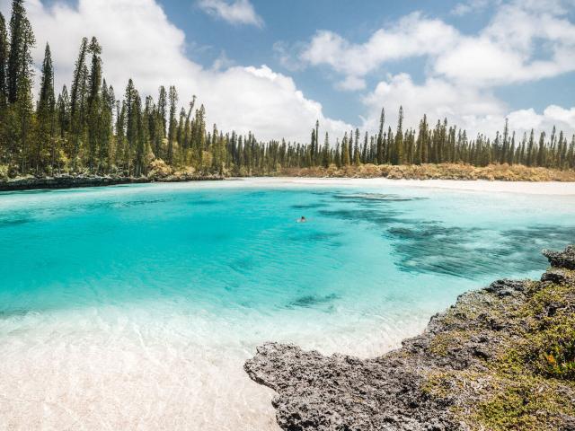 Relax at the Piscine naturelle d'Oro with its crystal-clear water, surrounded by columnar pines on Île des Pins, New Caledonia.