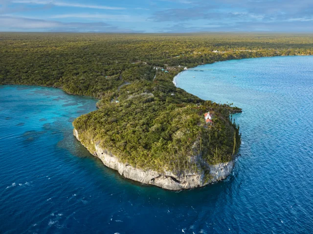 Aerial view of the Notre Dame de Lourdes chapel and Jinek and Santal Bays in Lifou.
