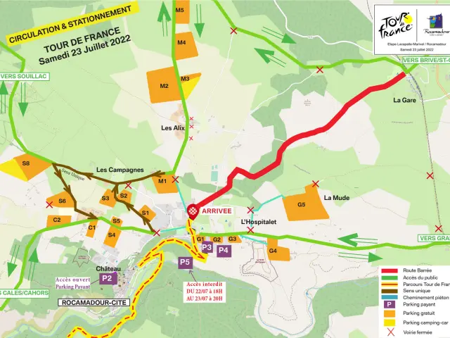 Carte parkings, circulation Rocamadour - Tour de France