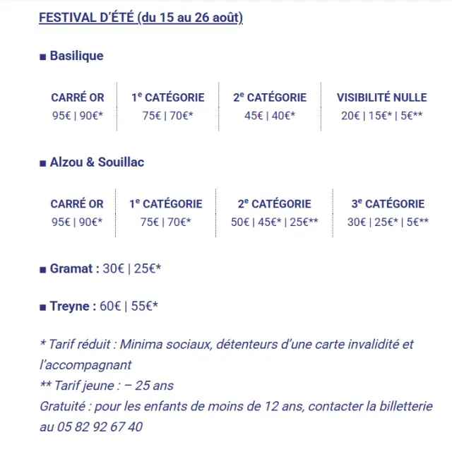 Tarifs Fest Roca Aout 2026