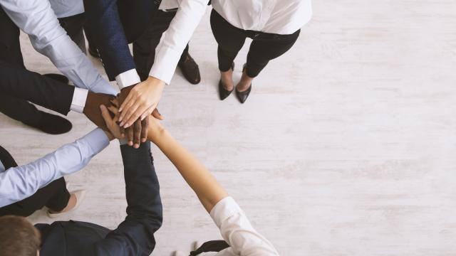 Business collaboration. United corporate team stacked hands together, top view, panorama with copy space
