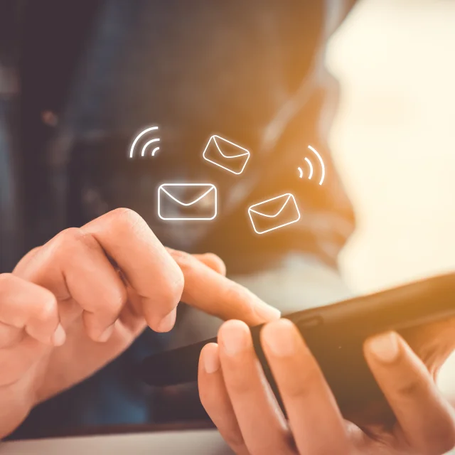 Woman hand using smartphone to send and recieve email. Business communication technology concept.