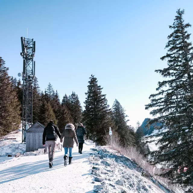 Snowy trail in Thollon Les Memises. A couple stroll hand-in-hand along a snow-covered ridge.