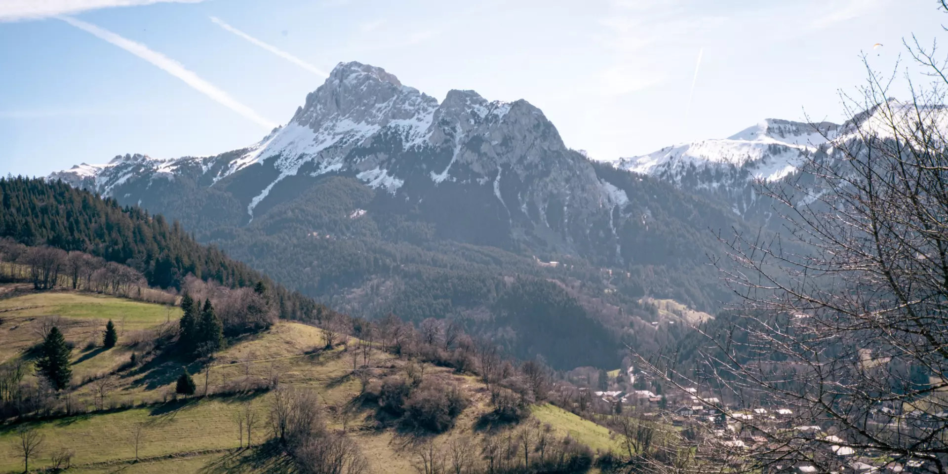 Snow-covered Dent d'oche and snow-free village below with beautiful green spring grass