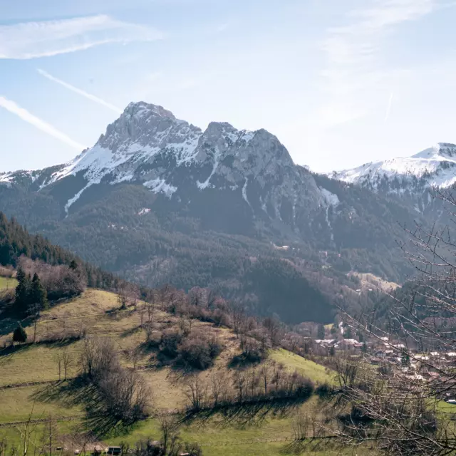 Snow-covered Dent d'oche and snow-free village below with beautiful green spring grass