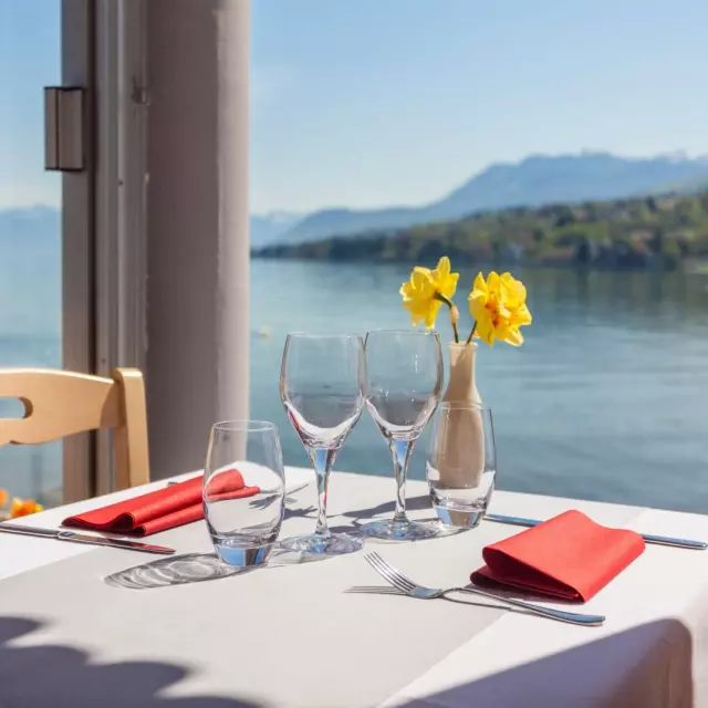 White tablecloth, lake view, two empty wine glasses and two yellow flowers in a vase