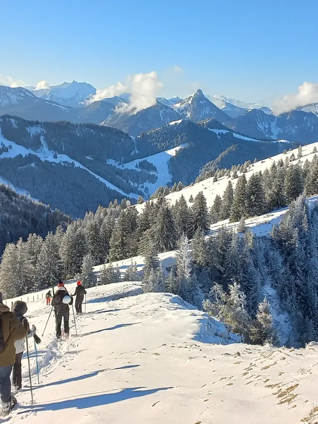 Un groupe de personnes qui randonnent en hiver sous un beau soleil éclatant, sur la neige et en pleine montagne, accompagnés d'un guide d'Alp'Evianature.