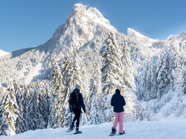 Balade en raquettes à Bernex, sur la neige, avec la majestueuse Dent d'Oche enneigée en fond, et un grand ciel bleu.