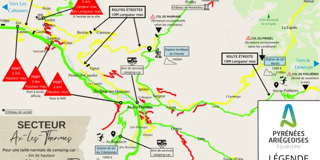 Mapa de los Pirineos Ariège mostrando las rutas accesibles para autocaravanas