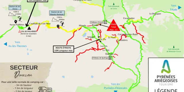 Mapa de los Pirineos Ariège mostrando las rutas accesibles en autocaravana