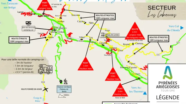 Map of the Ariège Pyrenees showing roads accessible to campervans