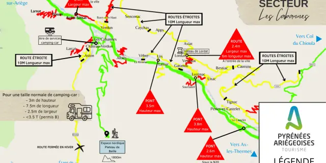 Mapa de los Pirineos de Ariège mostrando las rutas accesibles para autocaravanas