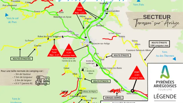 Map of the Ariège Pyrenees showing the roads accessible to motorhomes