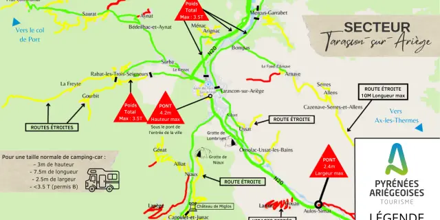 Mapa de los Pirineos de Ariège mostrando las carreteras accesibles para autocaravanas