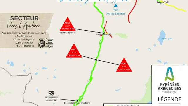 Map of accessible routes for motorhomes in the Ariège Pyrenees