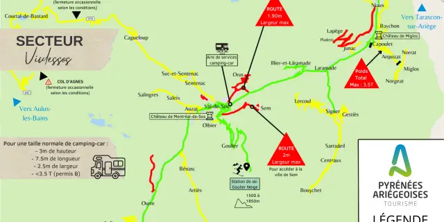 Mapa de los Pirineos de Ariège mostrando las rutas accesibles en autocaravana