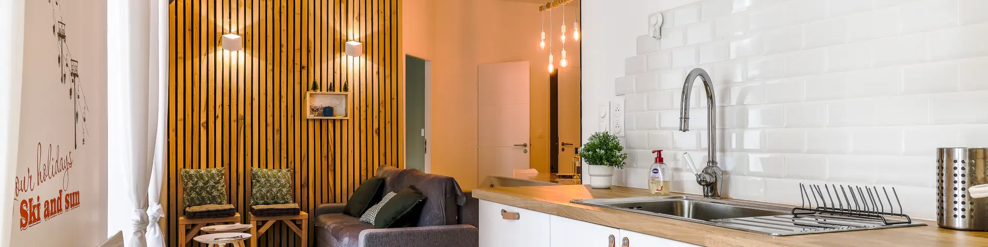 Modern interior with open kitchen and living room