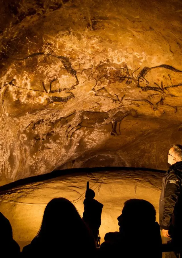 Groupe de personnes observant des peintures rupestres dans une grotte