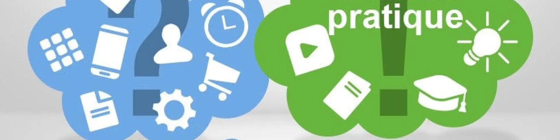 Two clouds, one blue and one green, with icons and text.