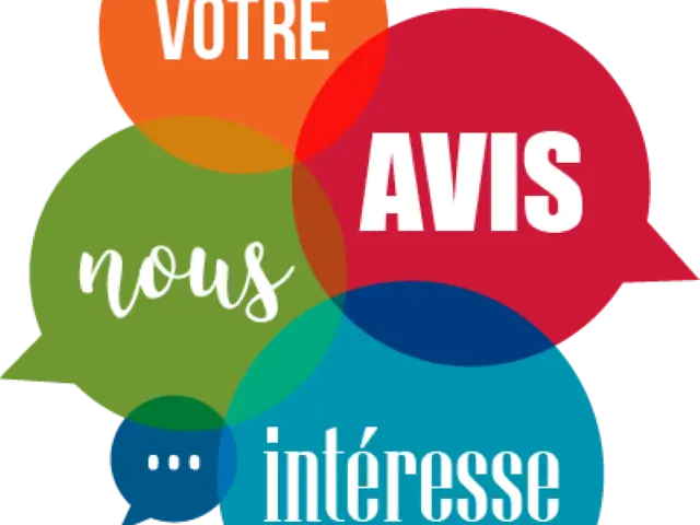 Colorful text bubbles with the words 'Your opinion interests us'