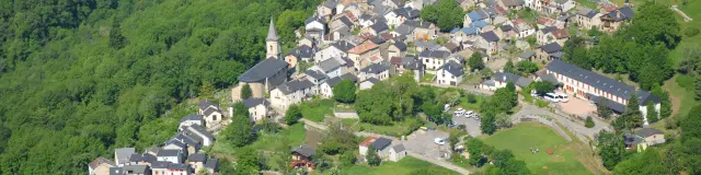 Village surrounded by forests with a church and colorful houses