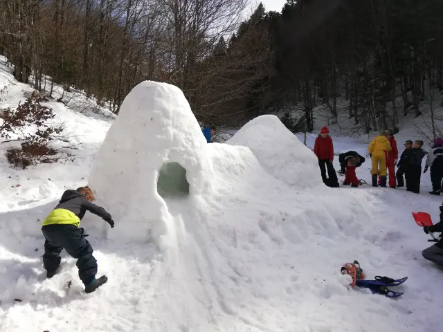 Children playing around a snow igloo in a snowy landscape
